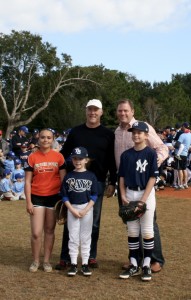 Representative Mike Miller and Mayor Steve Leary with the ceremonial first pitch players