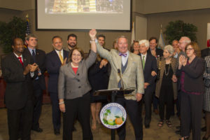 Mayor Teresa Jacobs of Orlando and Mayor Buddy Dyer of Orlando join the Orange County Board of County Commissioners and others city leaders to celebrate the approval of funding for construction of phase II of the Dr. Phillips Center for the Performing Arts. 